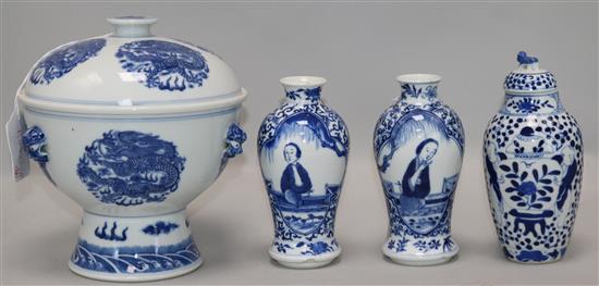 A Chinese blue and white bowl, liner and cover and three vases